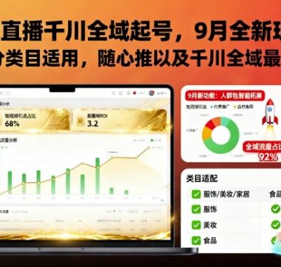 抖音直播千川全域起号,9月全新玩法,大部分类目适用,随心推以及千川全域最新打法