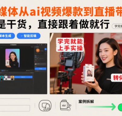 自媒体从ai视频爆款到直播带货，全是干货，直接跟着做就行，学完就能上手实操
