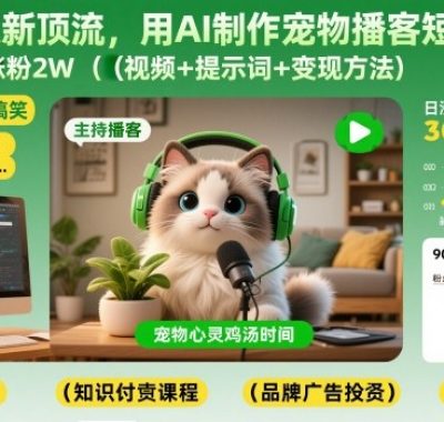 宠物赛道新顶流，用AI制作宠物播客短视频，1周涨粉2W（视频+提示词+变现方法）