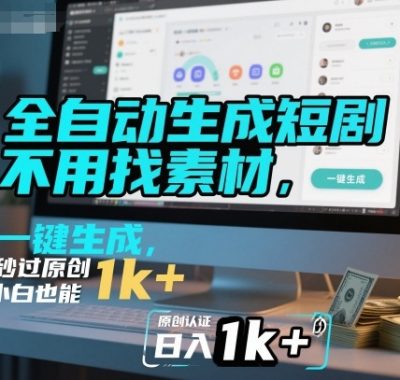 全自动生成短剧，不用找素材，不用剪辑，一键生成，秒过原创，小白也能轻松日入1k+【揭秘】