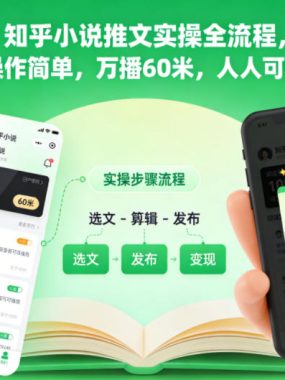 知乎小说推文实操全流程，操作简单，万播60米，人人可做