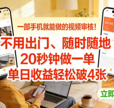 一部手机就能做的视频审核！不用出门，随时随地，20秒钟做一单，单日收益轻松破4张【揭秘】