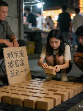 他把别人丢掉的垃圾做成盲盒，五块钱一个，年轻人排队来买