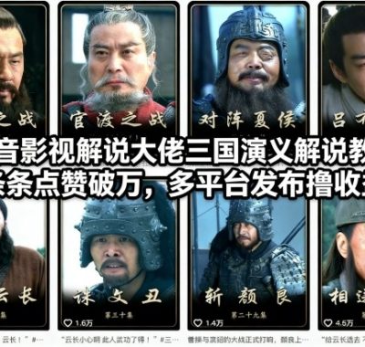 抖音影视解说大佬三国演义解说教学，条条点赞破万，多平台发布撸收益
