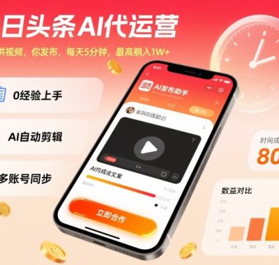今日头条AI代运营，我提供视频，你发布，每天5分钟，最高躺入1W+【揭秘】