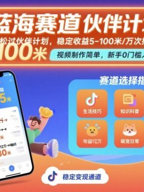 抖音蓝海赛道，轻松过伙伴计划，视频制作简单，万次播放收益在5-100米，稳定收益