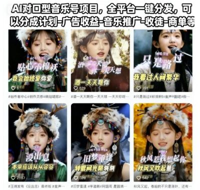 AI对口型音乐号项目，全平台一键分发，可以分成计划-广告收益-音乐推广-收徒-商单等