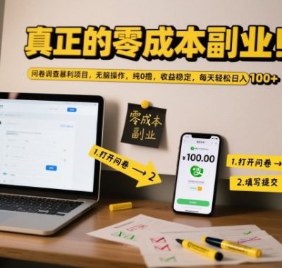 真正的零成本副业！问卷调查暴利项目，无脑操作，纯0撸，收益稳定，每天轻松日入100+【揭秘】