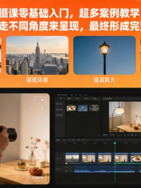 拍摄课零基础入门，超多案例教学，视频作品走不同角度来呈现，最终形成完整的作品