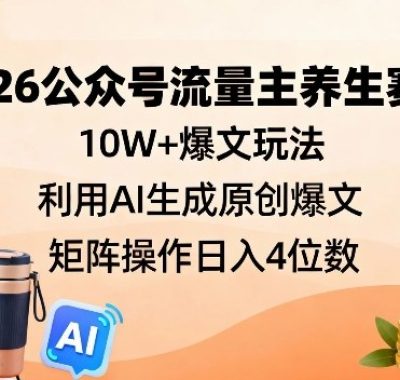 2026公众号流量主养生赛道，10W+爆文玩法，利用AI生成原创爆文，矩阵操作日入4位数