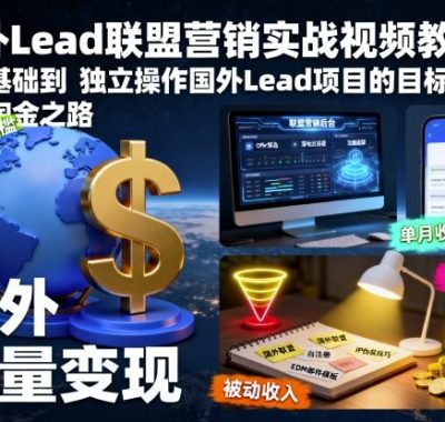 国外Lead联盟营销实战视频教程，从零基础到独立操作国外Lead项目的目标，开启海外淘金之路