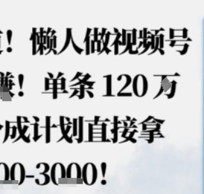 蓝海赛道，懒人做视频号也能躺挣，单条120W赞，分成计划直接拿1.5k，不用拍不用剪