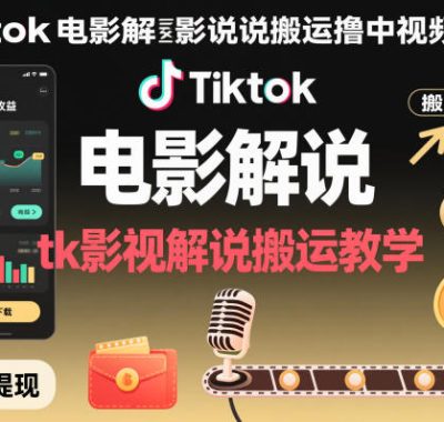 Tiktok电影解说搬运撸中视频收益，tk影视解说搬运教学