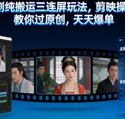 短剧纯搬运三连屏玩法，剪映操作，教你过原创，天天爆单