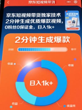 京东短视频带货独家技术，2分钟生成一条优质爆款视频，0粉丝0保证金，日入1k+【揭秘】