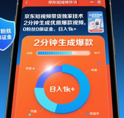 京东短视频带货独家技术，2分钟生成一条优质爆款视频，0粉丝0保证金，日入1k+【揭秘】