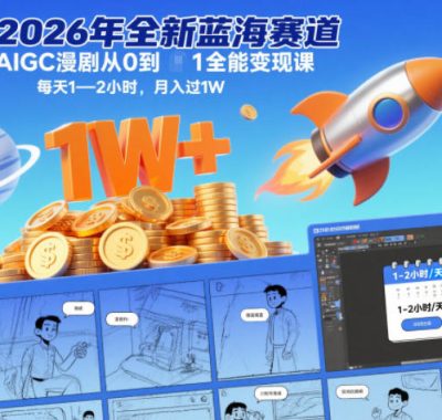 2026年全新蓝海赛道AIGC漫剧从0到1全能变现课，每天1—2小时，月入过1W